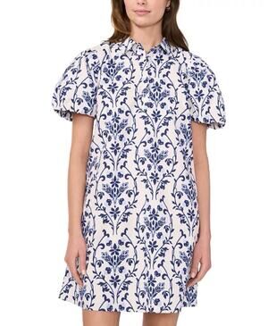 MSK Blue White Floral Print Pullover Shirt Dress Puff Sleeve Pockets Size Small
